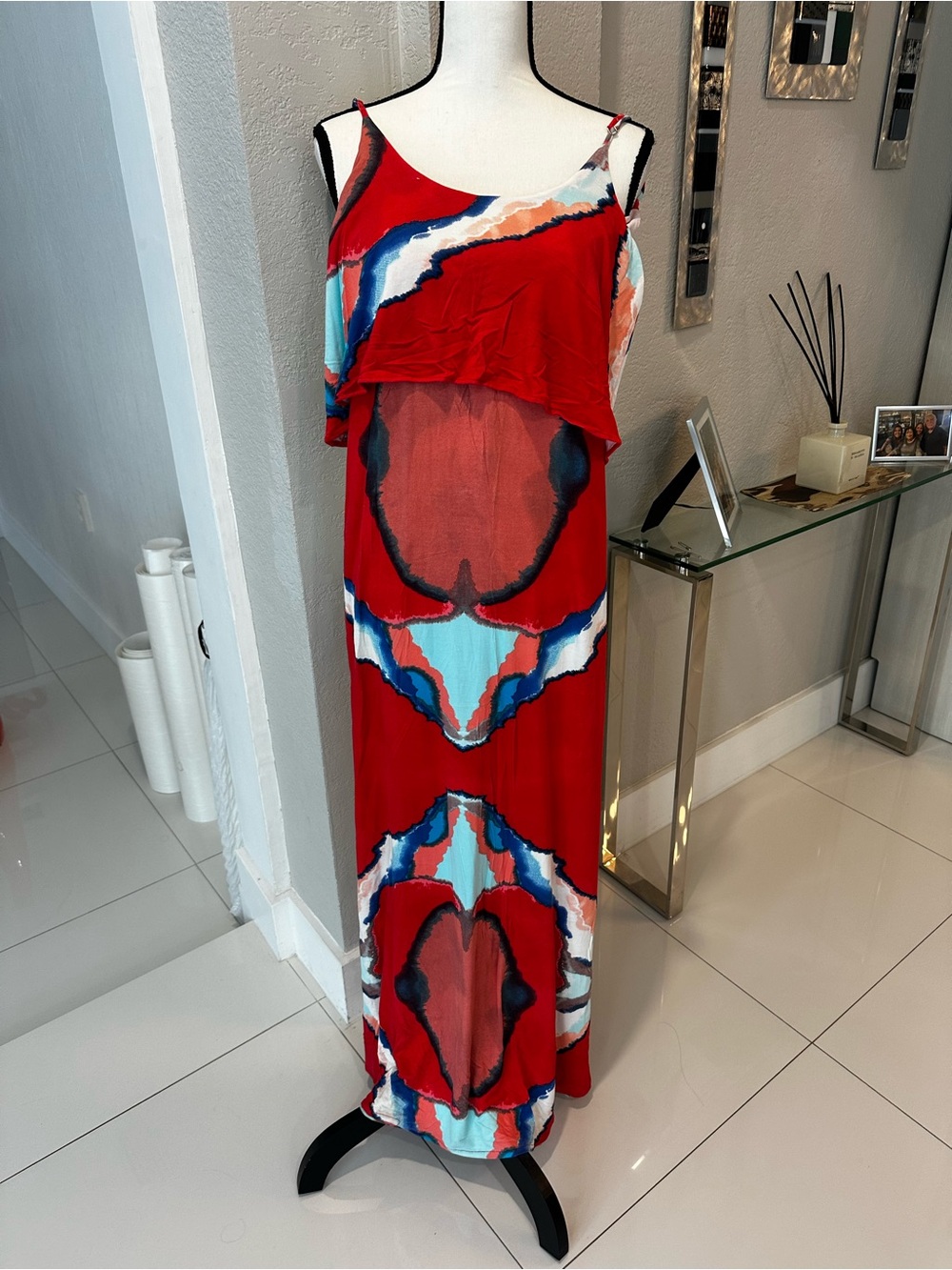 Karina Grimaldi Red Abstract Print Maxi Dress with Blue & White Accents